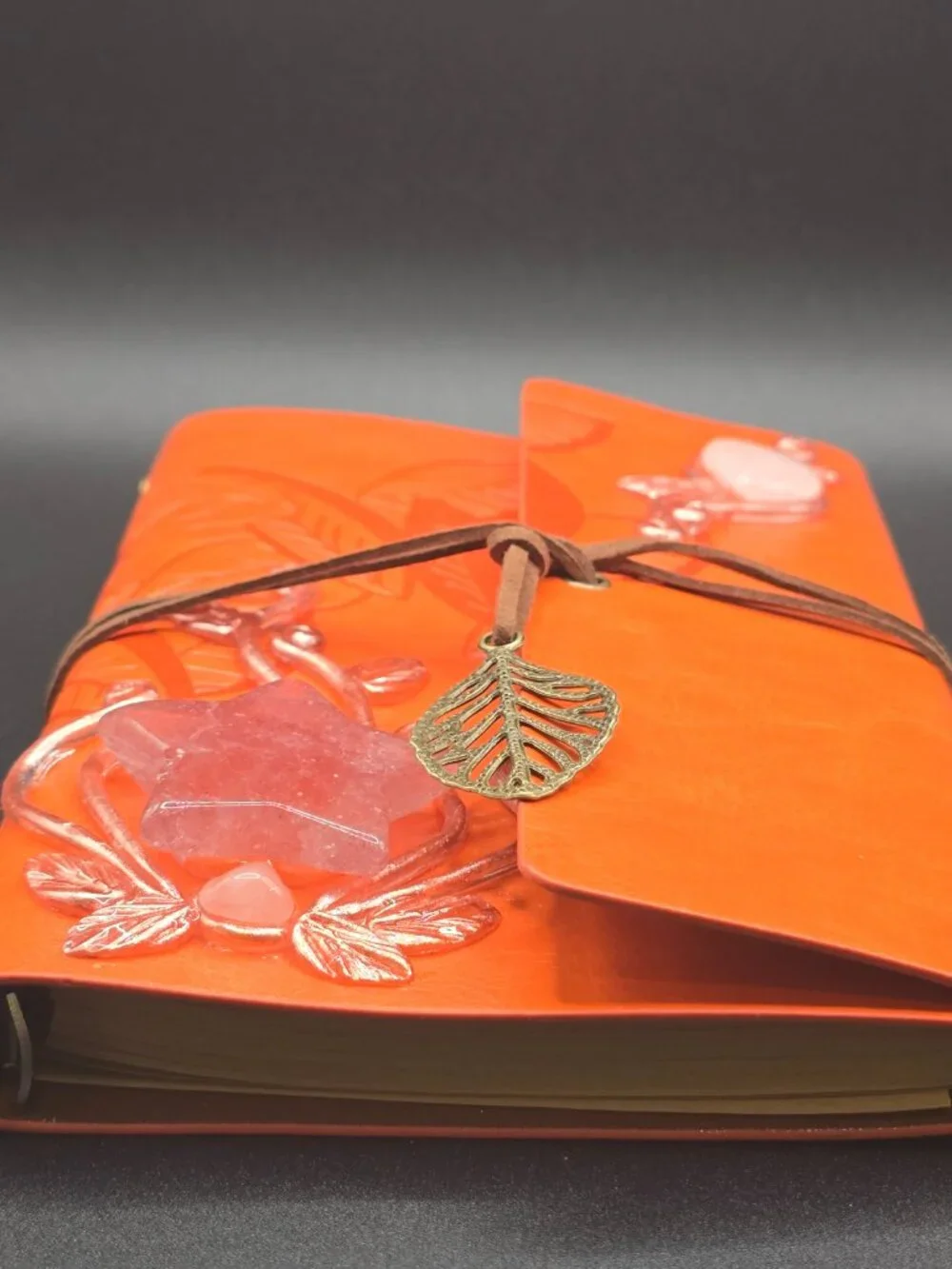 Orange Faux Leather Journal | Strawberry Quartz Star & Rose Quartz Tumble